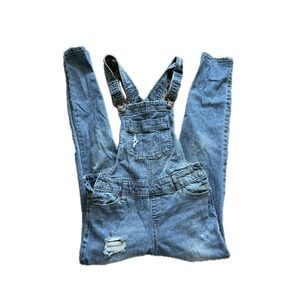 distressed blue denim overalls
